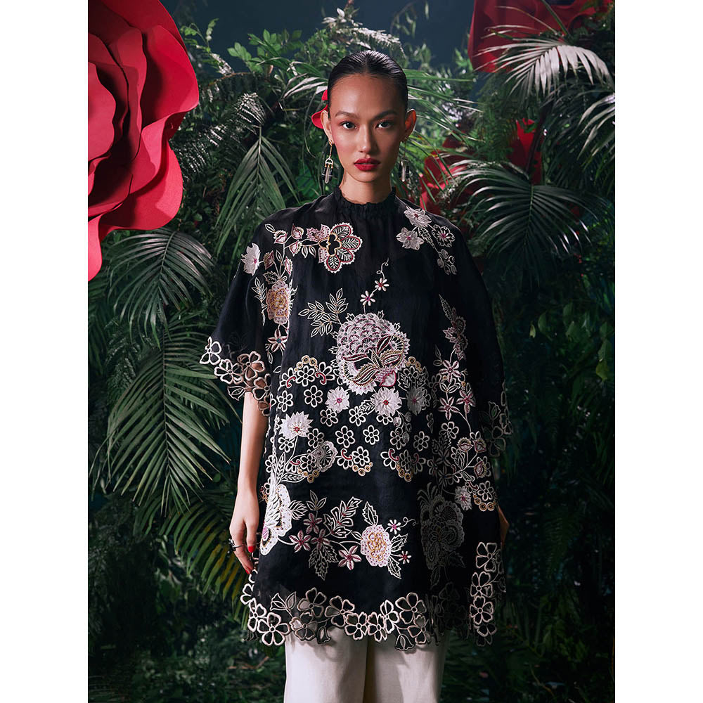 CHANDRIMA Black Organza Floral Flared Sleeves Crew Neck Bead Work Kaftan