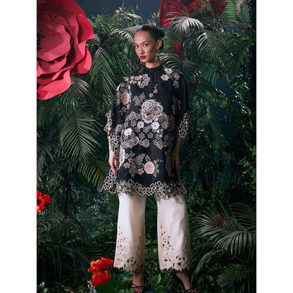 CHANDRIMA Black Organza Floral Flared Sleeves Crew Neck Bead Work Kaftan