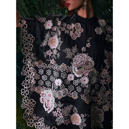 CHANDRIMA Black Organza Floral Flared Sleeves Crew Neck Bead Work Kaftan