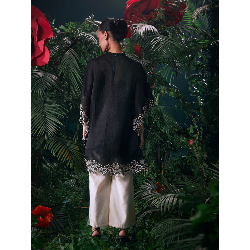 CHANDRIMA Black Organza Floral Flared Sleeves Crew Neck Bead Work Kaftan