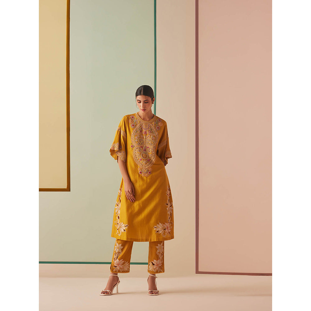 CHANDRIMA Mustard Chanderi Floral Flared Sleeves Sequined Kurta with Pant (Set of 2)