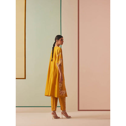 CHANDRIMA Mustard Chanderi Floral Flared Sleeves Sequined Kurta with Pant (Set of 2)