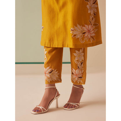 CHANDRIMA Mustard Chanderi Floral Flared Sleeves Sequined Kurta with Pant (Set of 2)