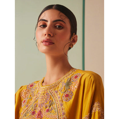 CHANDRIMA Mustard Chanderi Floral Flared Sleeves Sequined Kurta with Pant (Set of 2)