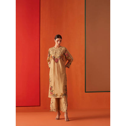 CHANDRIMA Beige Chanderi Floral Embroidered Kurta with Pant (Set of 2)