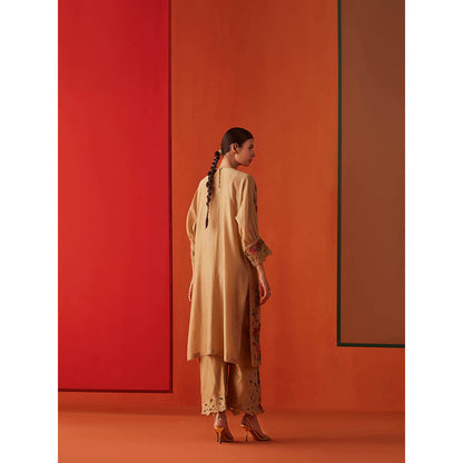 CHANDRIMA Beige Chanderi Floral Embroidered Kurta with Pant (Set of 2)