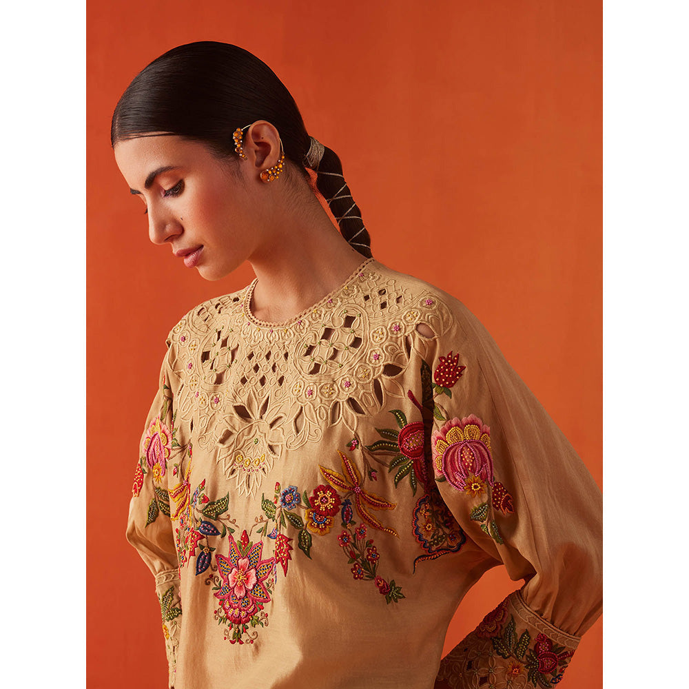 CHANDRIMA Beige Chanderi Floral Embroidered Kurta with Pant (Set of 2)