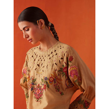 CHANDRIMA Beige Chanderi Floral Embroidered Kurta with Pant (Set of 2)