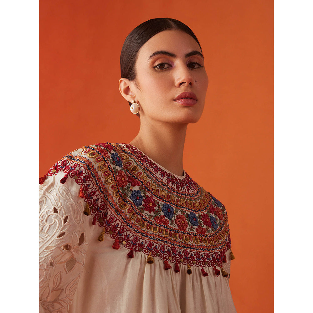 CHANDRIMA Ivory Chanderi Floral Bead Work Kurta with Pant (Set of 2)