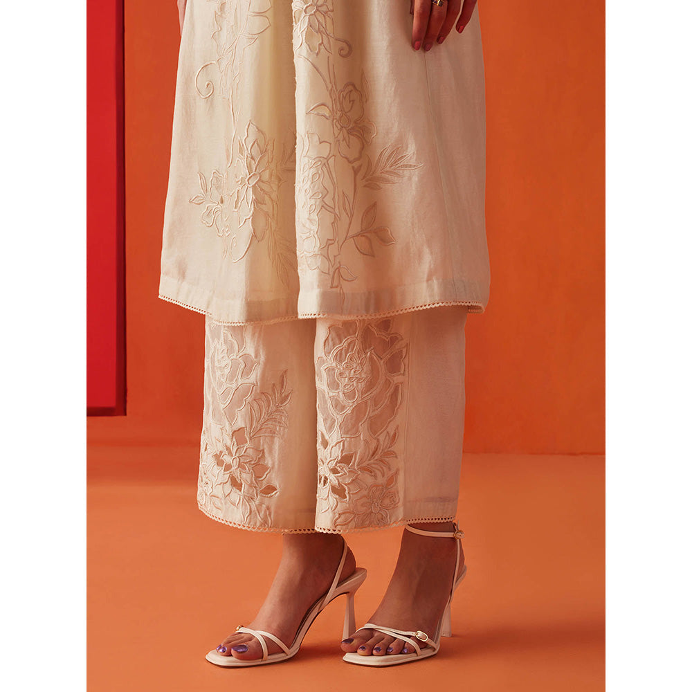 CHANDRIMA Ivory Chanderi Floral Bead Work Kurta with Pant (Set of 2)