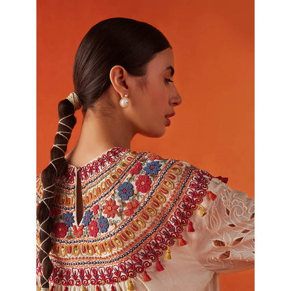 CHANDRIMA Ivory Chanderi Floral Bead Work Kurta with Pant (Set of 2)