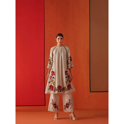 CHANDRIMA Ivory Chanderi Floral Thread Work Kurta with Pant (Set of 2)