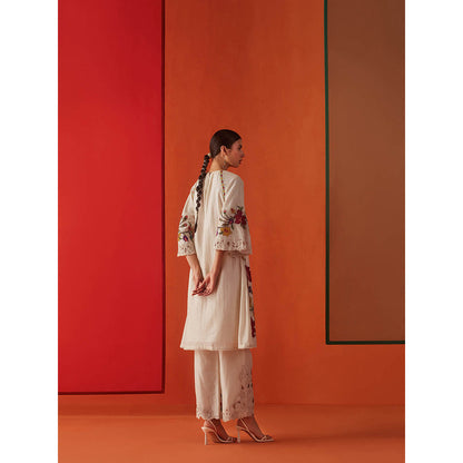 CHANDRIMA Ivory Chanderi Floral Thread Work Kurta with Pant (Set of 2)