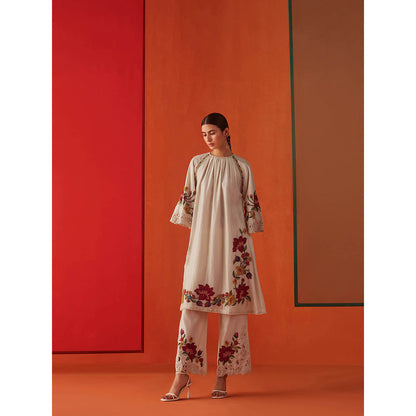 CHANDRIMA Ivory Chanderi Floral Thread Work Kurta with Pant (Set of 2)