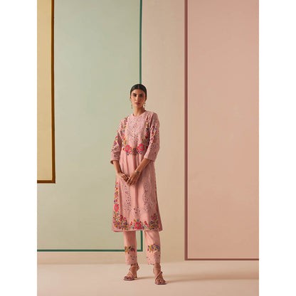 CHANDRIMA Pink Chanderi Floral Bead Work Kurta with Pant (Set of 2)