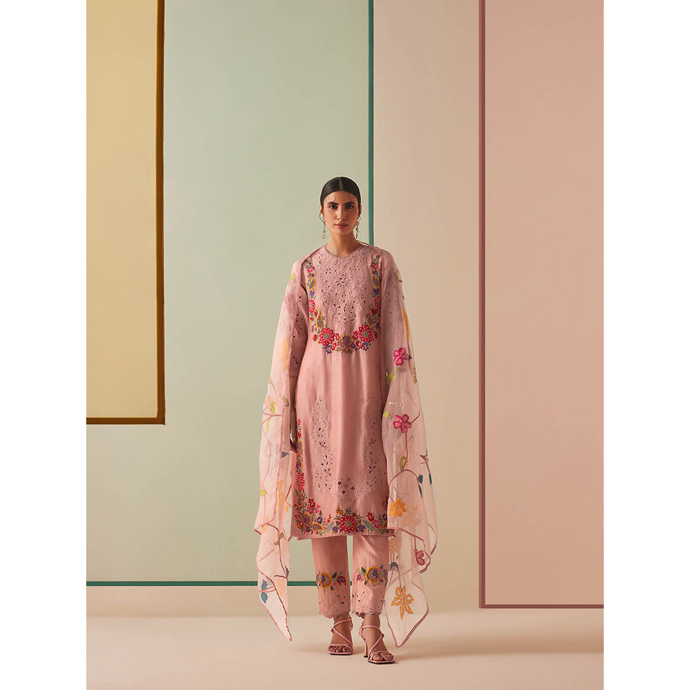 CHANDRIMA Pink Chanderi Floral Bead Work Kurta with Pant (Set of 2)