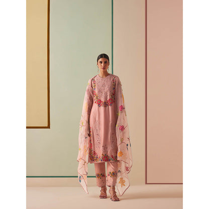 CHANDRIMA Pink Chanderi Floral Bead Work Kurta with Pant (Set of 2)