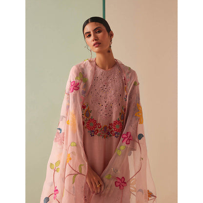 CHANDRIMA Pink Chanderi Floral Bead Work Kurta with Pant (Set of 2)