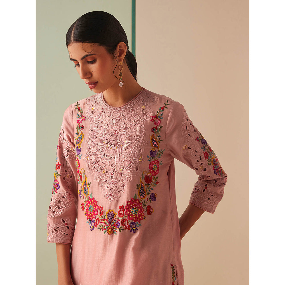 CHANDRIMA Pink Chanderi Floral Bead Work Kurta with Pant (Set of 2)