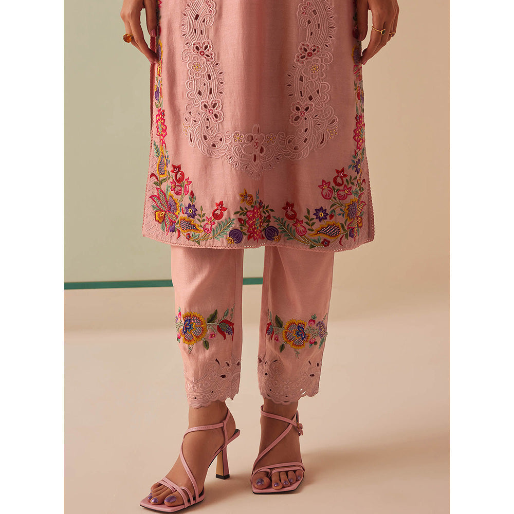 CHANDRIMA Pink Chanderi Floral Bead Work Kurta with Pant (Set of 2)