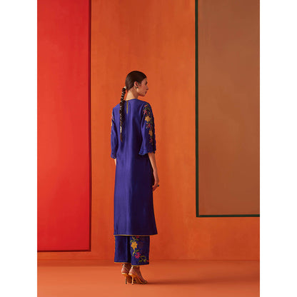 CHANDRIMA Navy Blue Chanderi Floral Flared Sleeves Bead Work Kurta with Pant (Set of 2)