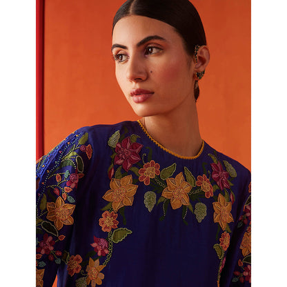 CHANDRIMA Navy Blue Chanderi Floral Flared Sleeves Bead Work Kurta with Pant (Set of 2)