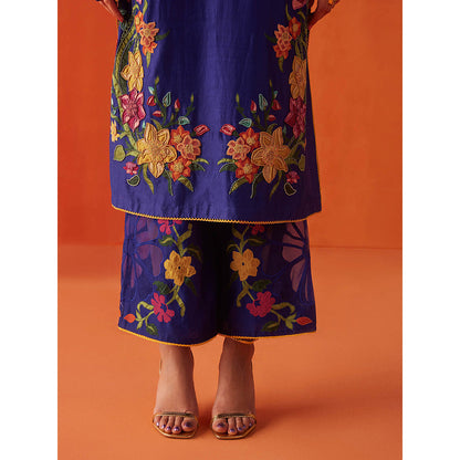 CHANDRIMA Navy Blue Chanderi Floral Flared Sleeves Bead Work Kurta with Pant (Set of 2)