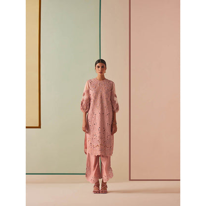 CHANDRIMA Pink Chanderi Floral Balloon Sleeve Round Neck Bead Work Kurta with Pant (Set of 2)