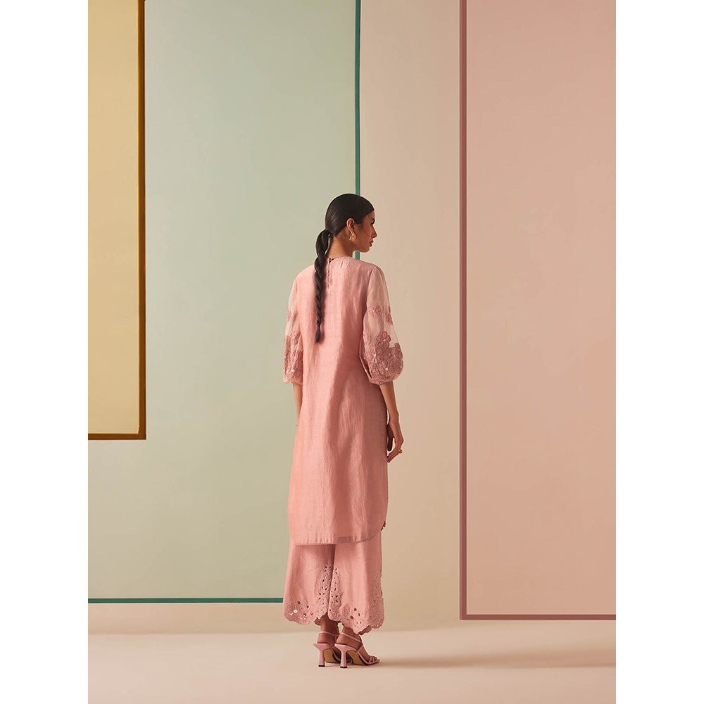 CHANDRIMA Pink Chanderi Floral Balloon Sleeve Round Neck Bead Work Kurta with Pant (Set of 2)