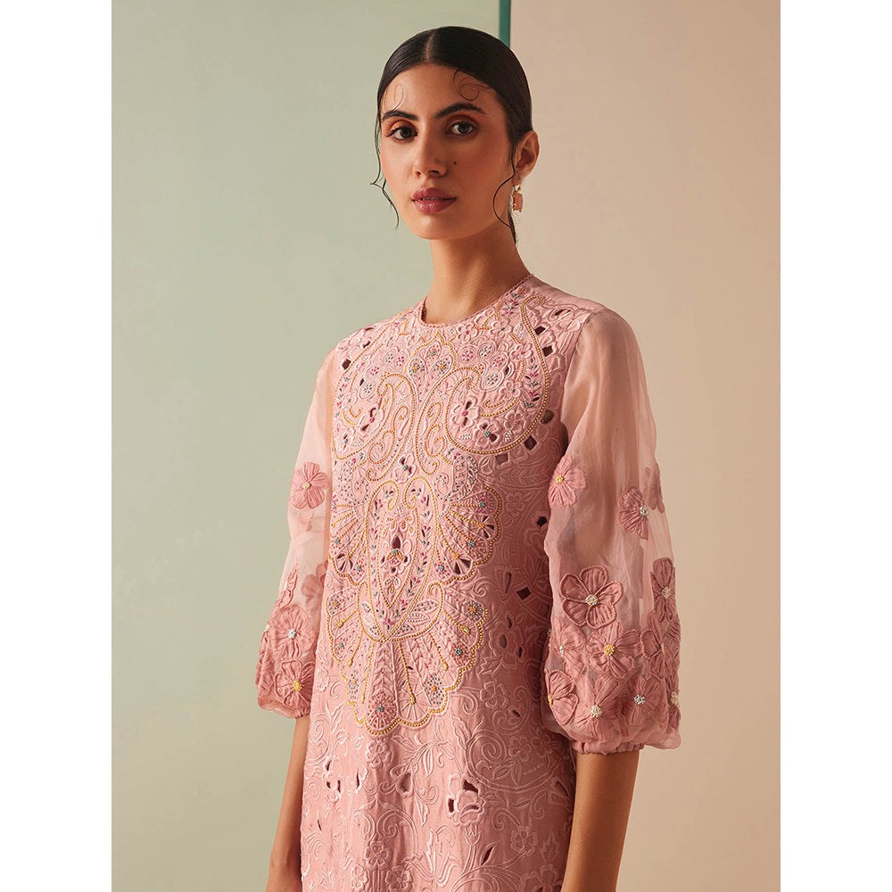 CHANDRIMA Pink Chanderi Floral Balloon Sleeve Round Neck Bead Work Kurta with Pant (Set of 2)