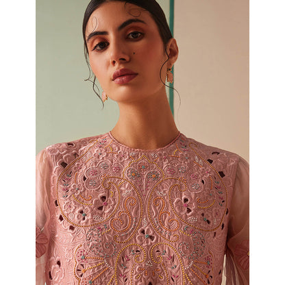 CHANDRIMA Pink Chanderi Floral Balloon Sleeve Round Neck Bead Work Kurta with Pant (Set of 2)