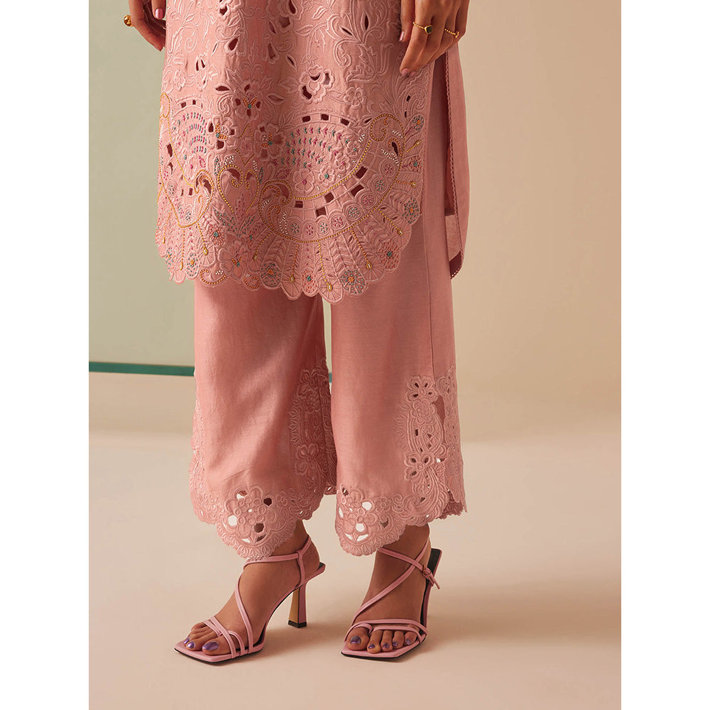 CHANDRIMA Pink Chanderi Floral Balloon Sleeve Round Neck Bead Work Kurta with Pant (Set of 2)