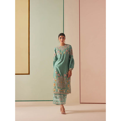 CHANDRIMA Green Chanderi Floral Balloon Sleeve Bead Work Kurta with Pant (Set of 2)