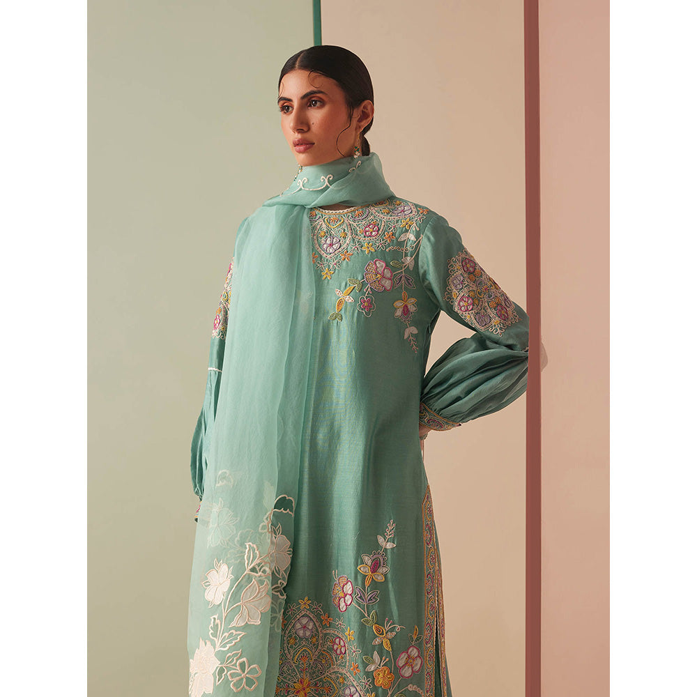 CHANDRIMA Green Chanderi Floral Balloon Sleeve Bead Work Kurta with Pant (Set of 2)