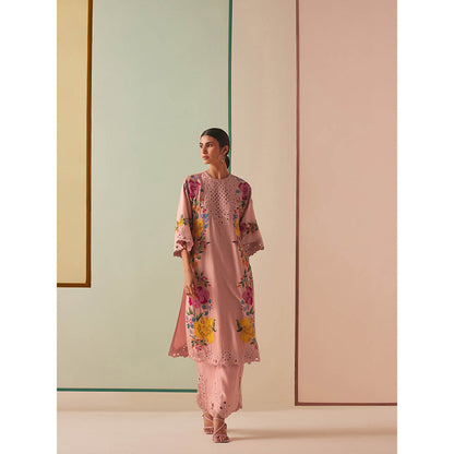 CHANDRIMA Pink Chanderi Floral Bead Work Kurta with Pant (Set of 2)