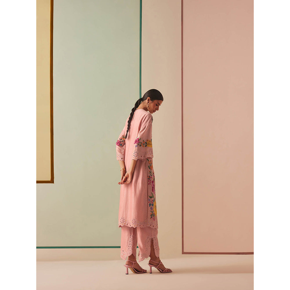 CHANDRIMA Pink Chanderi Floral Bead Work Kurta with Pant (Set of 2)