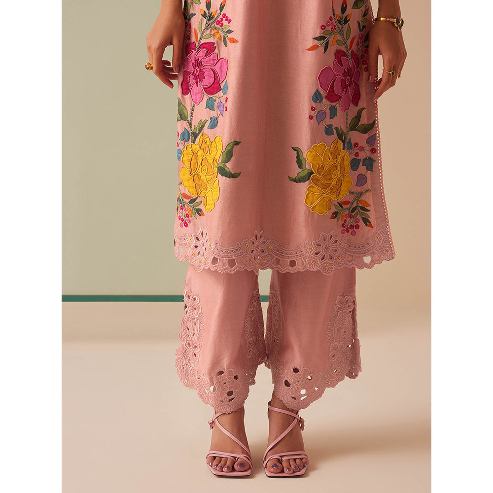 CHANDRIMA Pink Chanderi Floral Bead Work Kurta with Pant (Set of 2)