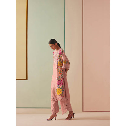 CHANDRIMA Pink Chanderi Floral Bead Work Kurta with Pant (Set of 2)