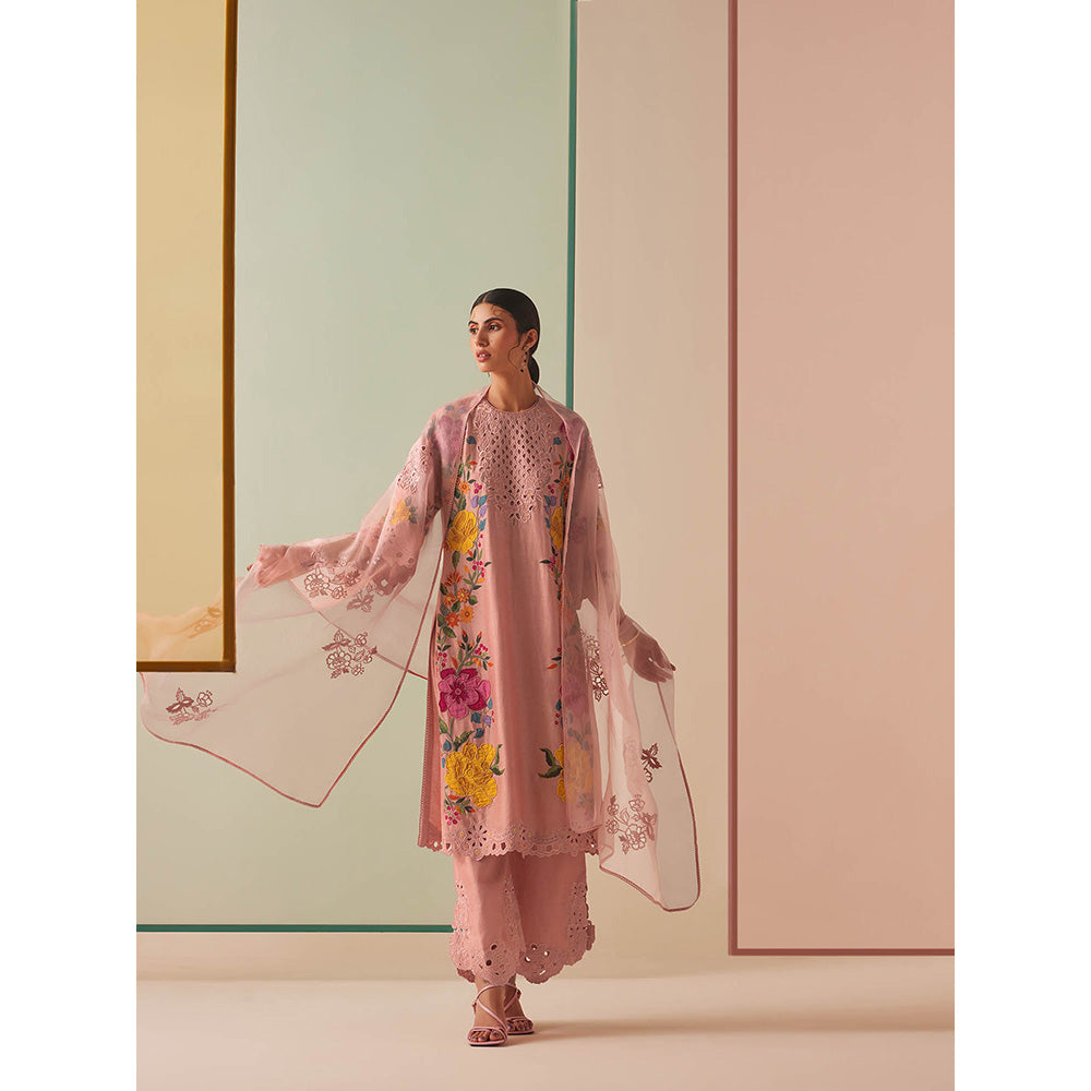 CHANDRIMA Pink Chanderi Floral Bead Work Kurta with Pant (Set of 2)