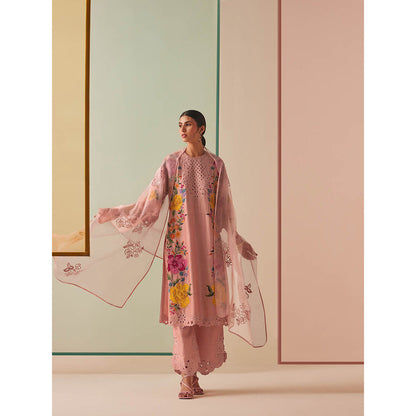 CHANDRIMA Pink Chanderi Floral Bead Work Kurta with Pant (Set of 2)