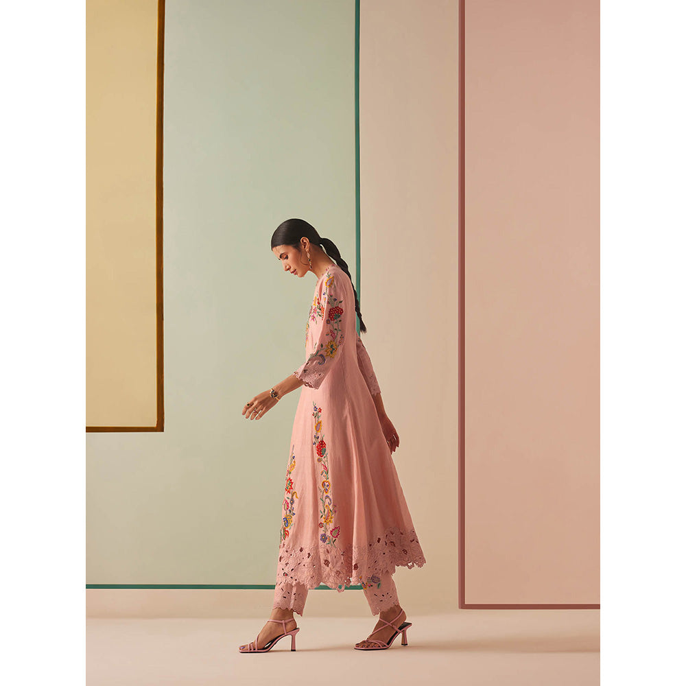 CHANDRIMA Pink Chanderi Floral Bead Work Kurta with Pant (Set of 2)