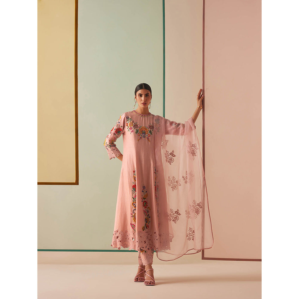 CHANDRIMA Pink Chanderi Floral Bead Work Kurta with Pant (Set of 2)