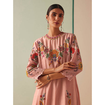 CHANDRIMA Pink Chanderi Floral Bead Work Kurta with Pant (Set of 2)