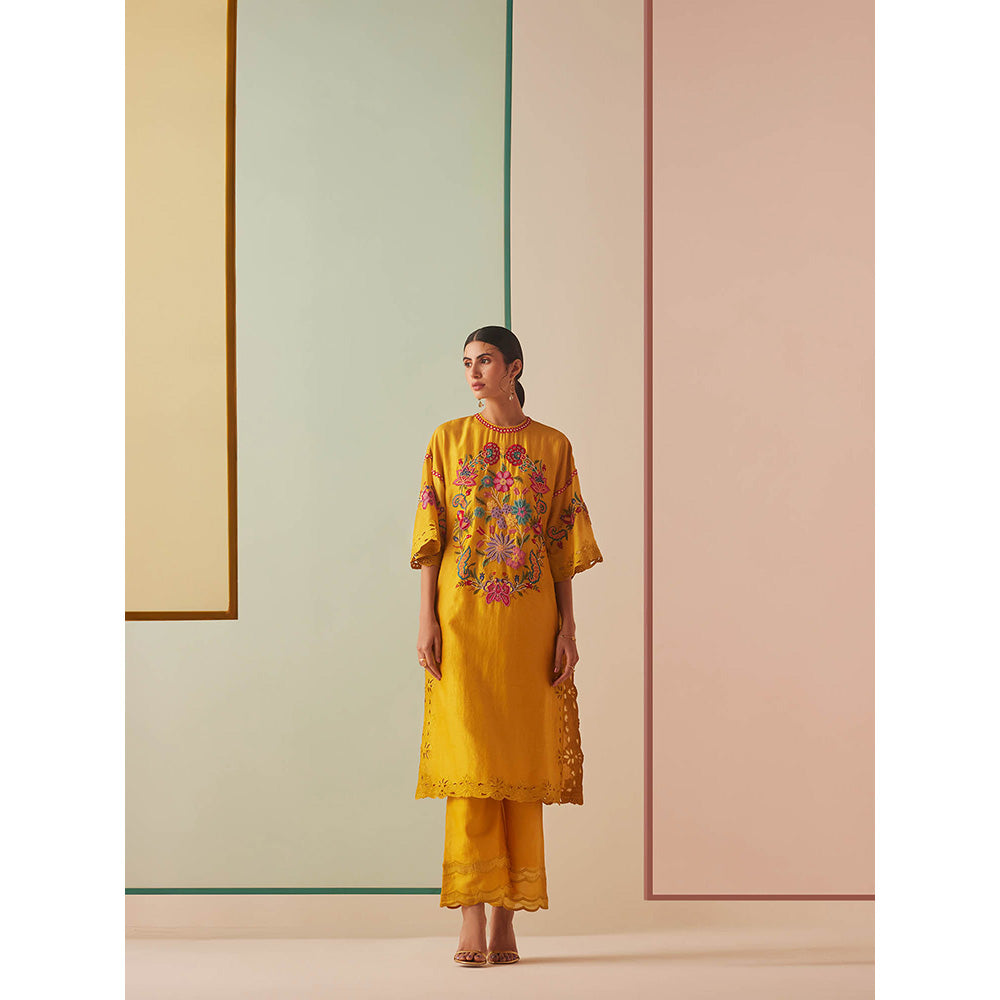 CHANDRIMA Mustard Chanderi Floral Bead Work Kurta with Pant (Set of 2)