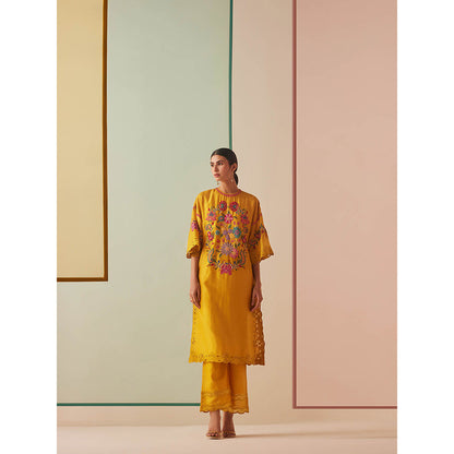 CHANDRIMA Mustard Chanderi Floral Bead Work Kurta with Pant (Set of 2)