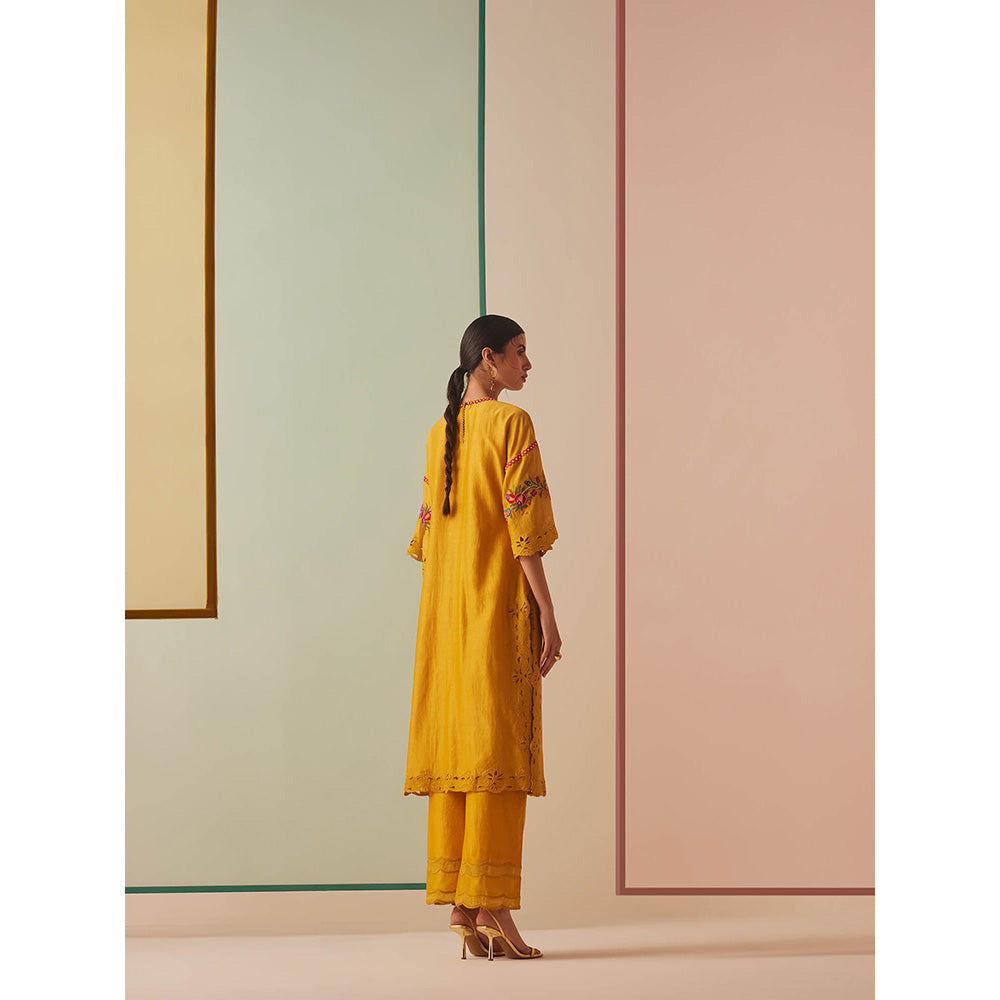 CHANDRIMA Mustard Chanderi Floral Bead Work Kurta with Pant (Set of 2)