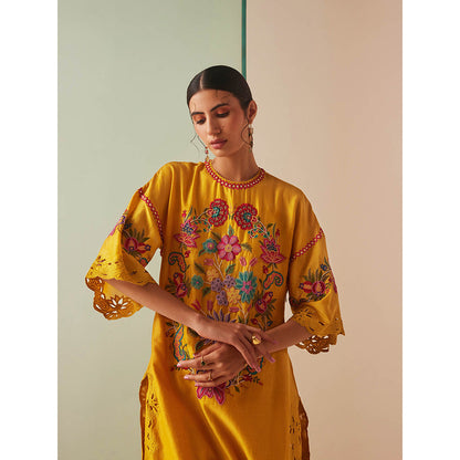 CHANDRIMA Mustard Chanderi Floral Bead Work Kurta with Pant (Set of 2)