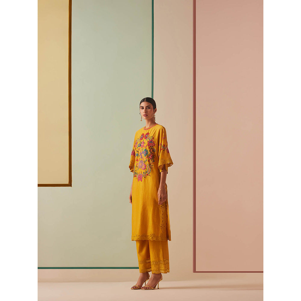 CHANDRIMA Mustard Chanderi Floral Bead Work Kurta with Pant (Set of 2)