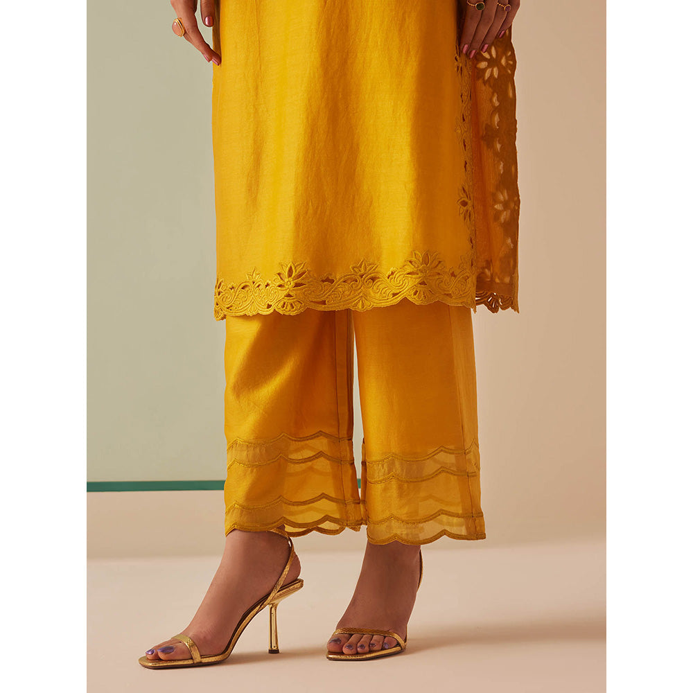 CHANDRIMA Mustard Chanderi Floral Bead Work Kurta with Pant (Set of 2)