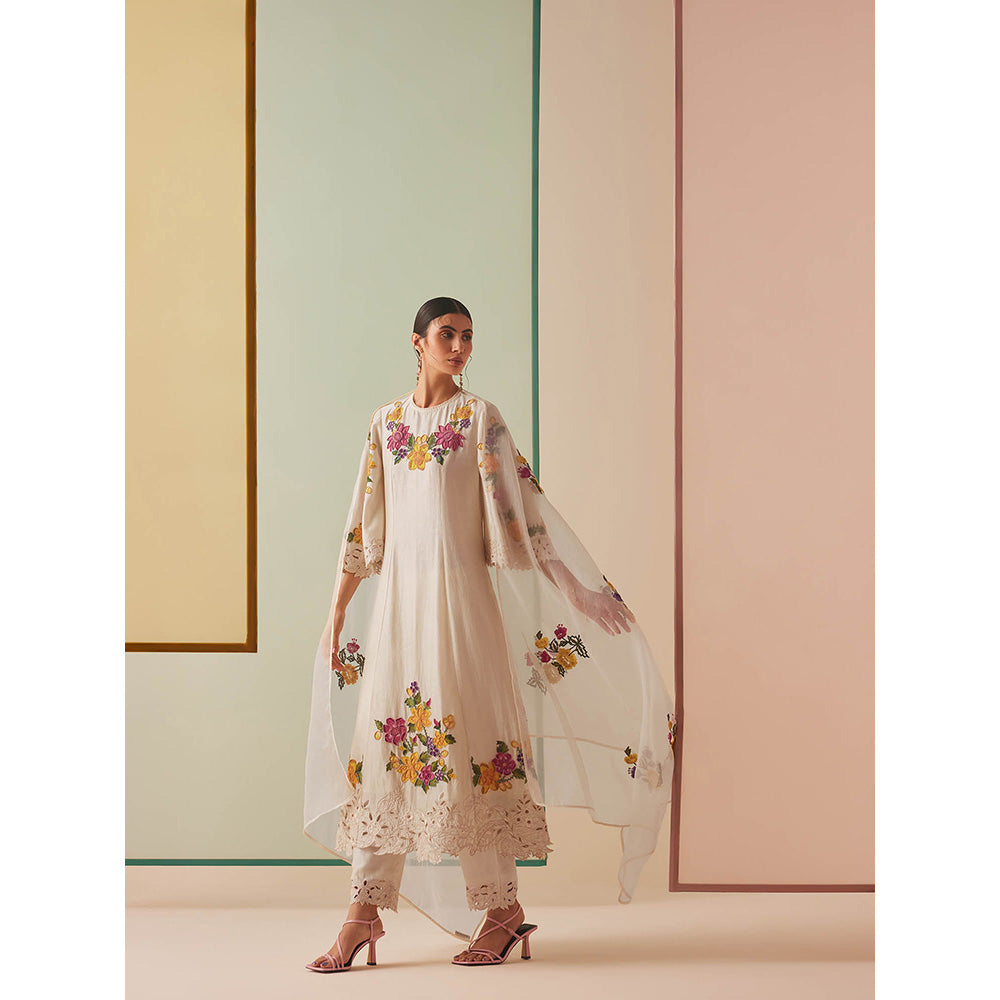 CHANDRIMA Ivory Chanderi Floral Bead Work Kurta with Pant (Set of 2)